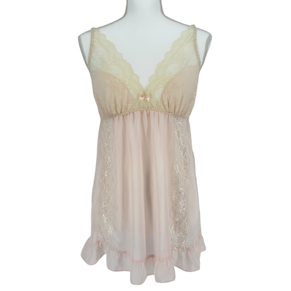 In Bloom Jonquil Lace Trim Babydoll Chemise Light Pink Romantic Nightgown Size M